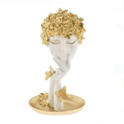 Resin Face Thinker Statue Butterfly Theme Golden And Pearl White