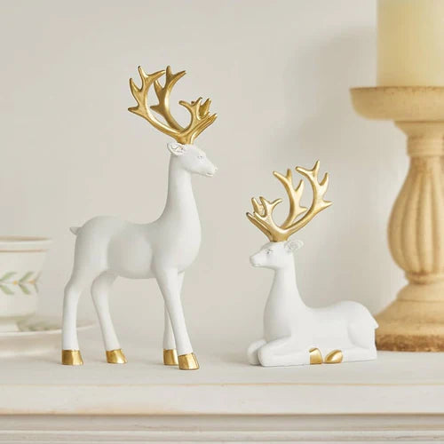 Antique Deer 2 Pcs Sculpture Set White-Gold