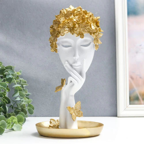 Resin Face Thinker Statue Butterfly Theme Golden And Pearl White