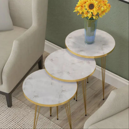 Elegant 3-Piece Round Coffee Table Set – White & Black Marble Texture